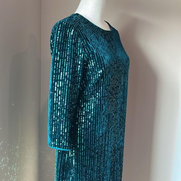 New Julia Jordan Teal Velvet Sequin Stripe Long Sleeve Sheath Party Dress Size 4 - Picture 4 of 11
